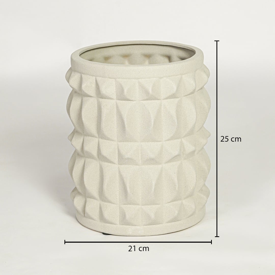 Light beige ceramic decorative planter showing 25 cm height and 21 cm width suitable for table shelf or console placement.