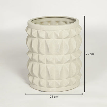 Light beige ceramic decorative planter showing 25 cm height and 21 cm width suitable for table shelf or console placement.
