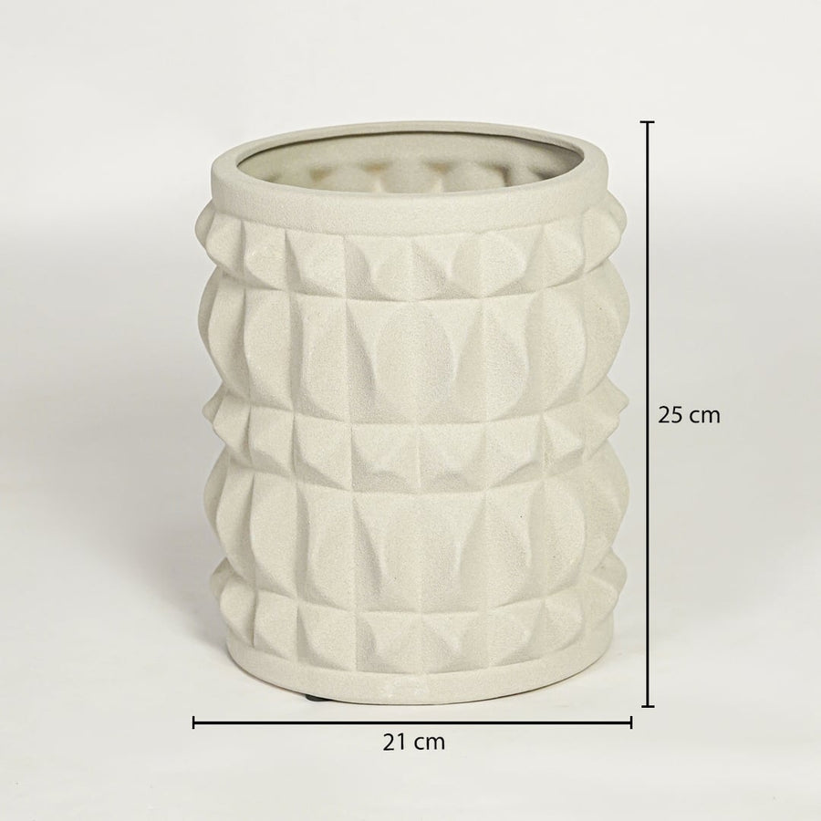 Light beige ceramic decorative planter showing 25 cm height and 21 cm width suitable for table shelf or console placement.