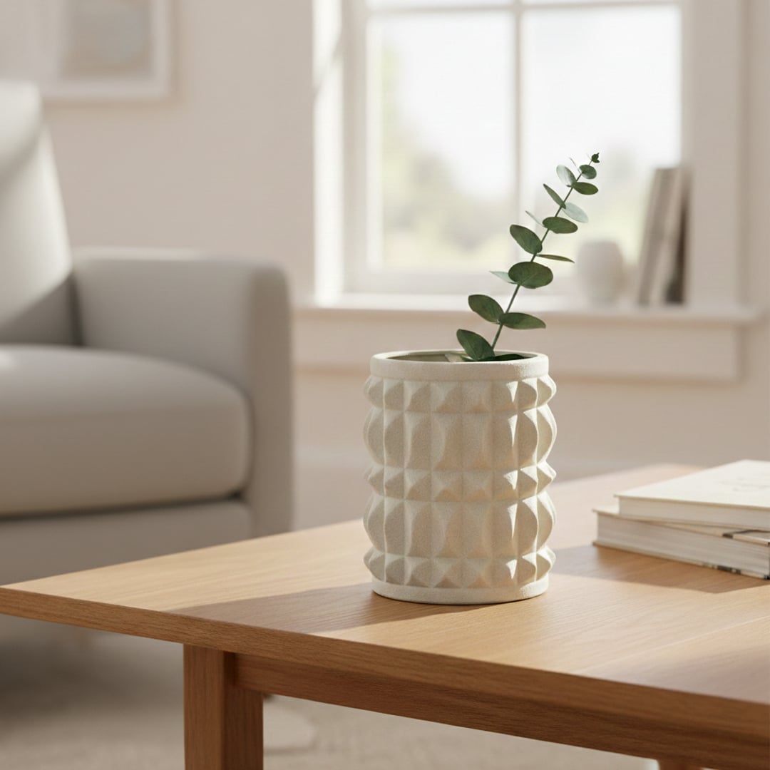 Light beige textured ceramic decorative planter styled with green stem on wooden coffee table in bright modern living room.