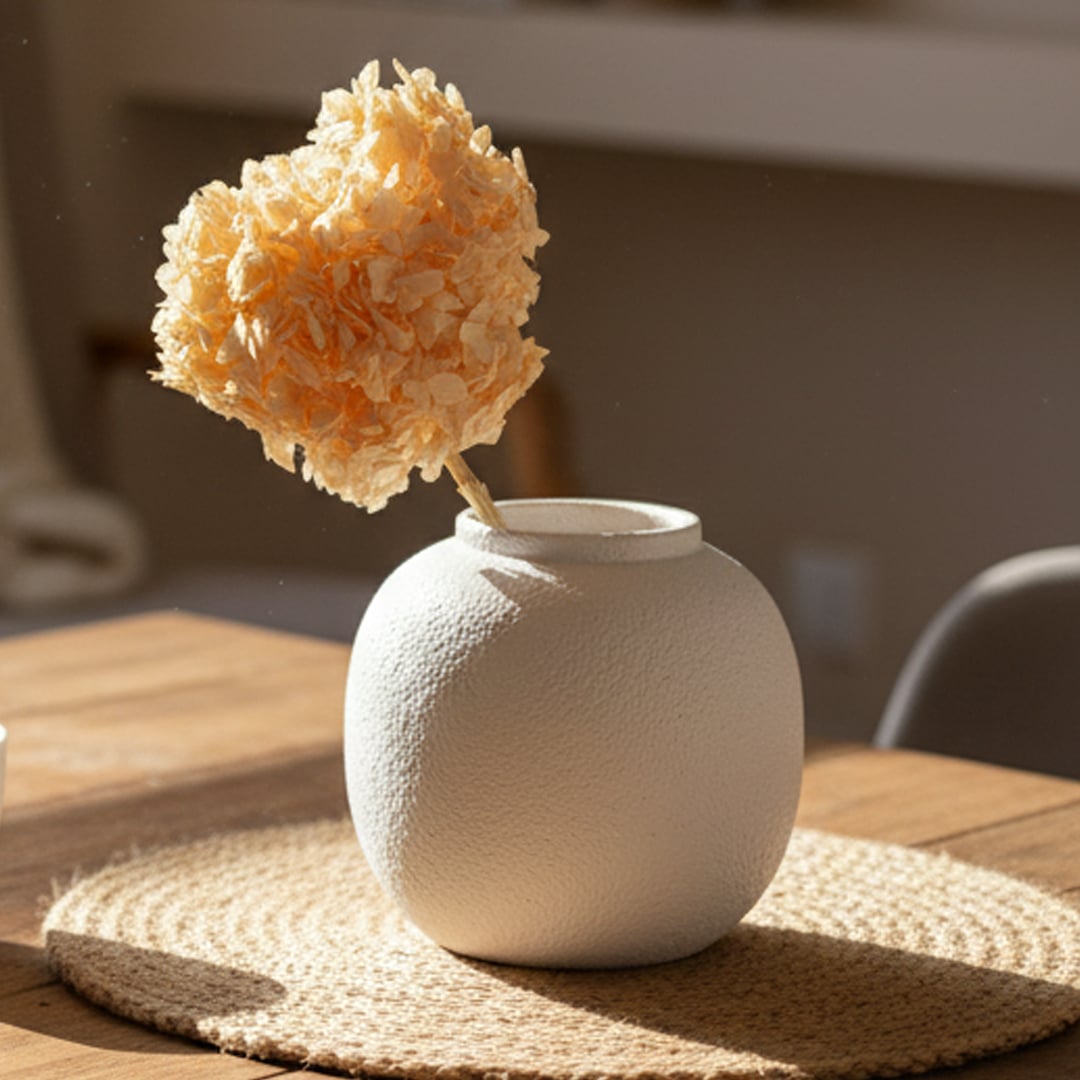 Elegant dried flower stem arranged in a textured white ceramic vase placed on a wooden table creating a warm minimalist home decor accent for living rooms and bedrooms.