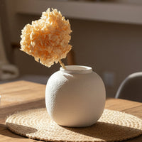 Elegant dried flower stem arranged in a textured white ceramic vase placed on a wooden table creating a warm minimalist home decor accent for living rooms and bedrooms.