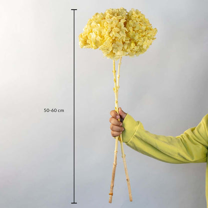 Artificial yellow hydrangea flower stem 50 to 60 cm tall with natural wood stick ideal for decorative vases and home styling.
