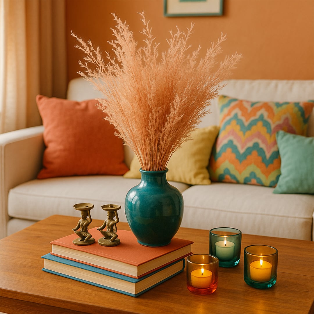 Peach dried grass stems arranged in a teal ceramic vase styled on a wooden coffee table creating warm cozy home decor accents in a modern living room.