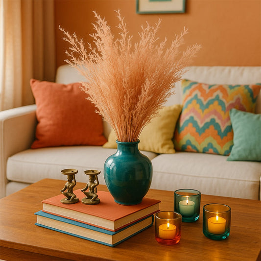 Peach dried grass stems arranged in a teal ceramic vase styled on a wooden coffee table creating warm cozy home decor accents in a modern living room.