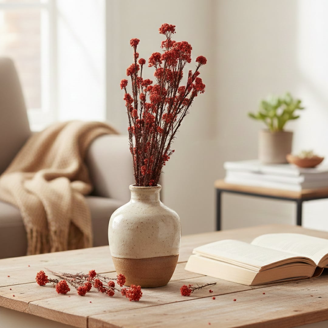 Rustic red dried flower stalks in a two tone ceramic vase on wooden living room coffee table next to an open book setup.