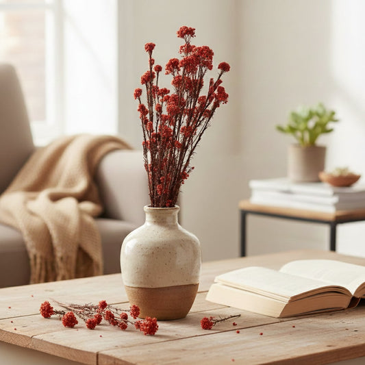 Rustic red dried flower stalks in a two tone ceramic vase on wooden living room coffee table next to an open book setup.