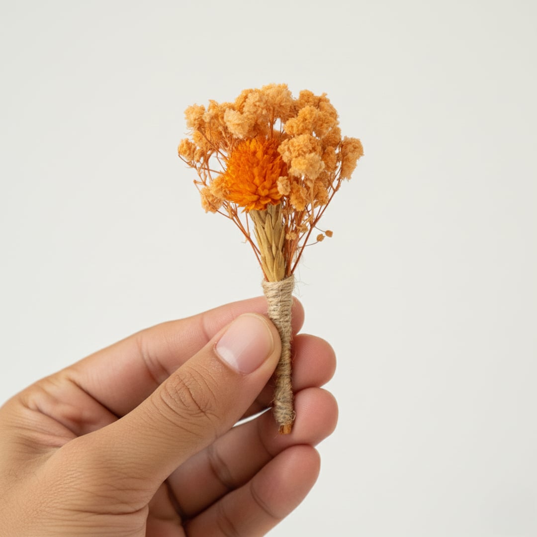 Dried mini floral bouquet in warm orange tones held by hand on white background showcasing delicate texture natural charm and decor styling appeal.