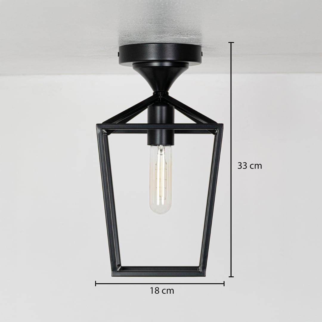 Black outdoor ceiling lantern shown with precise measurements including 33 cm height and 18 cm width and 18 cm depth for accurate installation details.