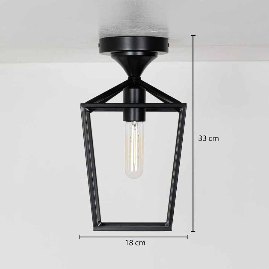 Black outdoor ceiling lantern shown with precise measurements including 33 cm height and 18 cm width and 18 cm depth for accurate installation details.