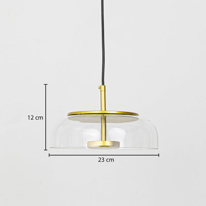 Clear glass and gold metal pendant light dimension image with 23 cm width and 12 cm height for modern dining placement.
