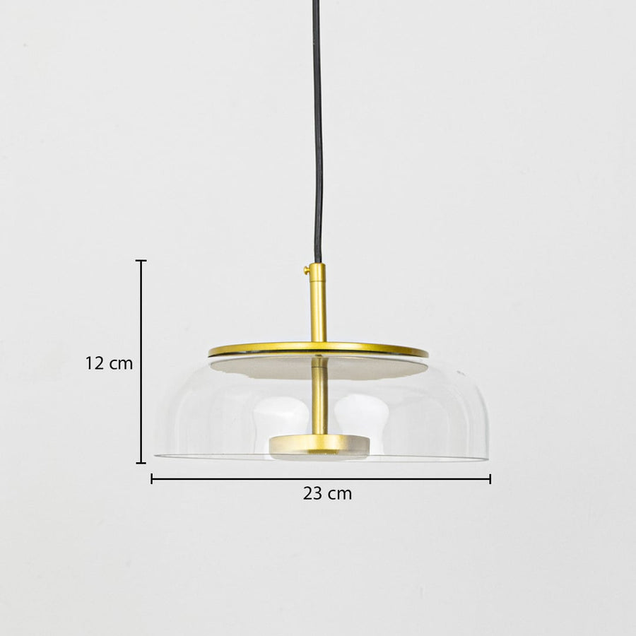 Clear glass and gold metal pendant light dimension image with 23 cm width and 12 cm height for modern dining placement.
