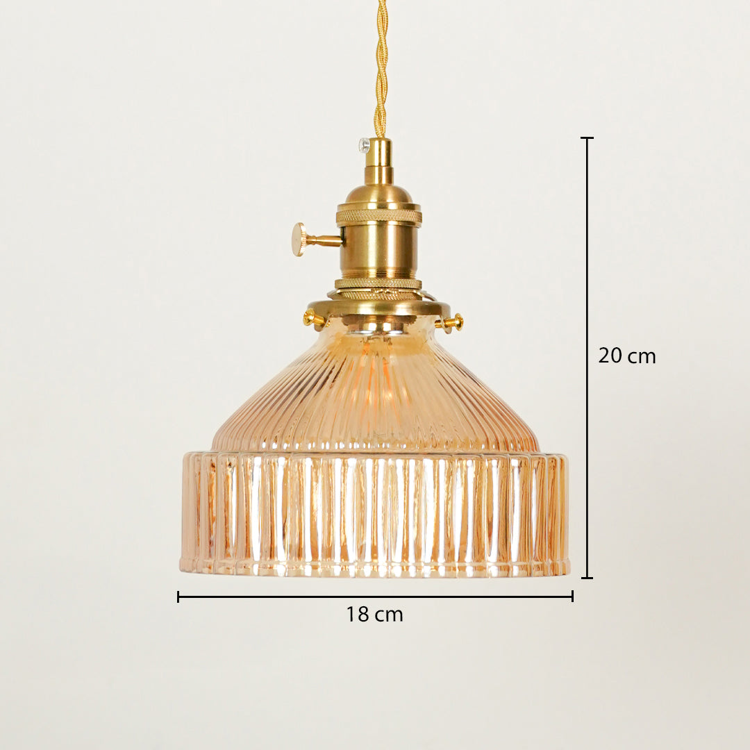 Blue ribbed glass and brass pendant light dimension image with 18 cm width and 20 cm height for dining room placement.