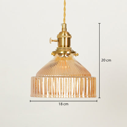 Blue ribbed glass and brass pendant light dimension image with 18 cm width and 20 cm height for dining room placement.