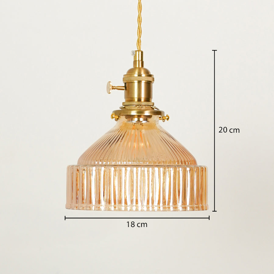 Blue ribbed glass and brass pendant light dimension image with 18 cm width and 20 cm height for dining room placement.