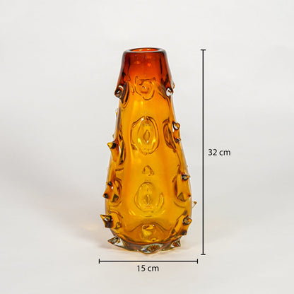 Amber art glass vase dimension image showing 32 cm height and 15 cm width decorative glass accent for table shelf styling.