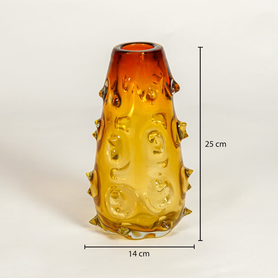 Amber art glass vase dimension image showing 25 cm height and 14 cm width decorative glass accent for table shelf styling.