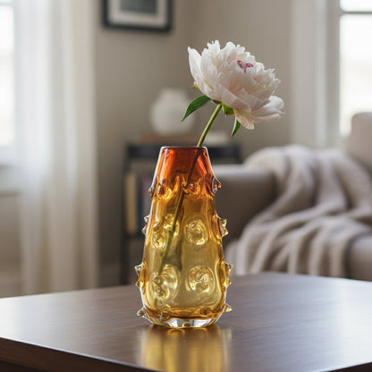 Amber art glass vase styled on living room table modern decorative glass accent for console shelf or center table styling home.