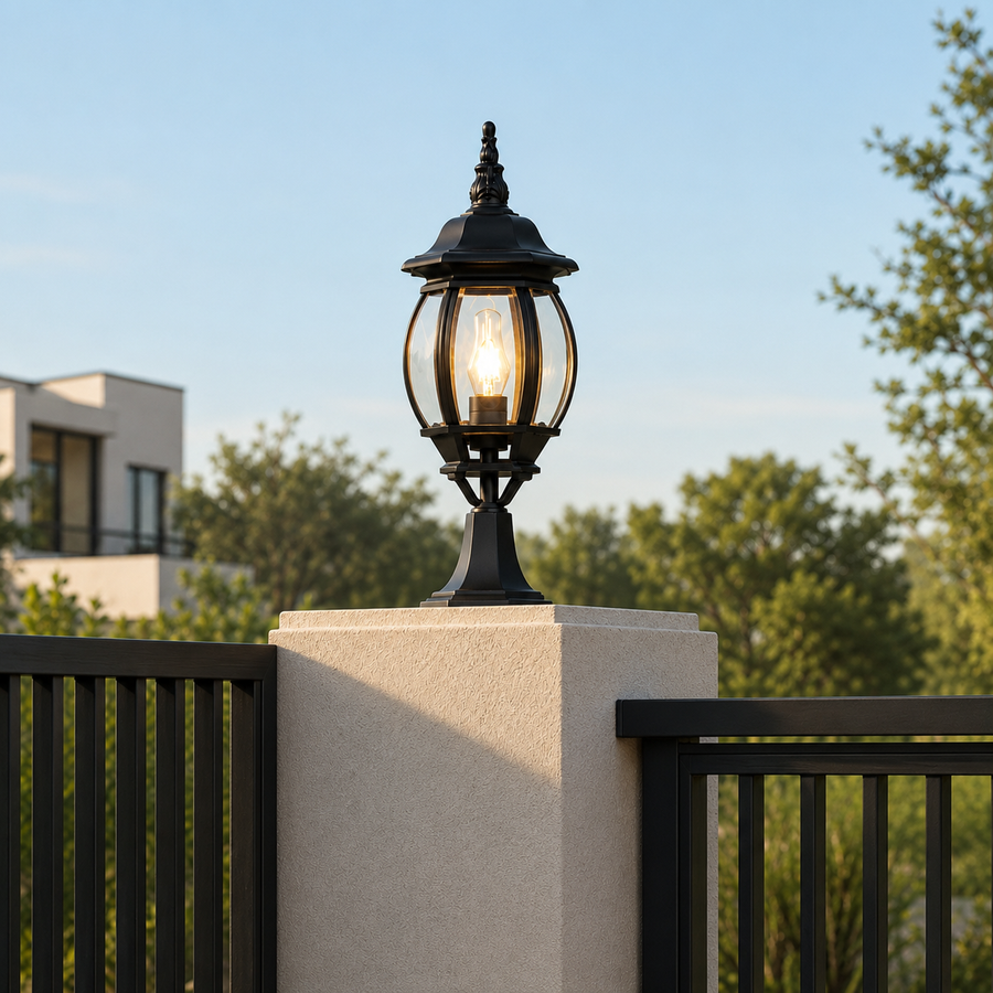 Ornate black iron globe glass pillar post lantern light on concrete fence pillar for luxury residential home driveway entry.