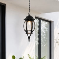 Traditional black metal outdoor hanging lantern for porch entrance garden and covered patio with warm ambient lighting.