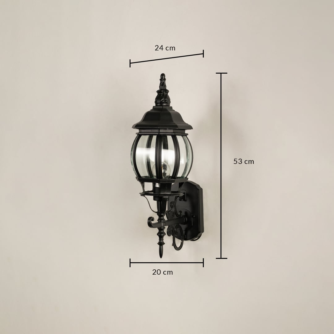 Black outdoor wall lantern 53cm height 20cm width upward facing dimension image showing vintage coach style exterior light.