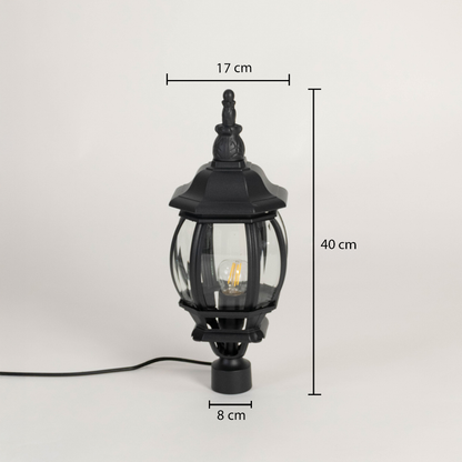 Outdoor black pillar lamp with rounded glass showing 40 cm height 17 cm width and 8 cm base size for modern exteriors.
