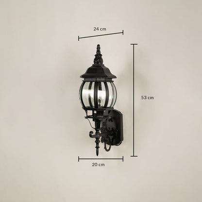 Black outdoor wall lantern 53cm height 20cm width upward facing dimension image showing vintage coach style exterior light.