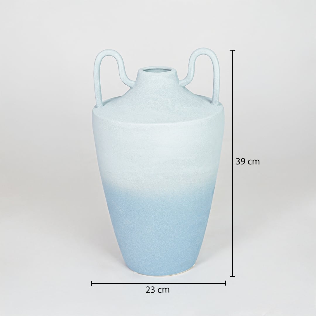Light blue ceramic decorative vase size 20 cm height 23 cm length modern textured flower vase dimension reference image.