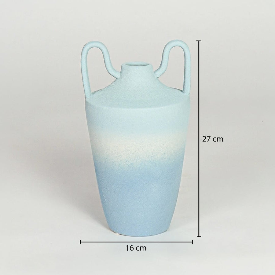 Pastel blue ceramic decorative vase showing 27 cm height and 16 cm width suitable for table shelf or console placement.