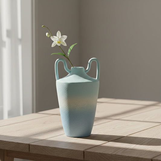 Table vase black ribbed ceramic vase with white orchid placed on wooden coffee table in bright living room setting