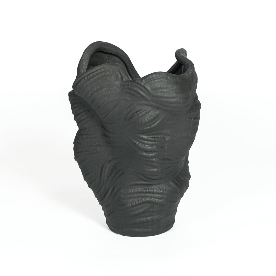 Black ceramic decorative vase with sculptural organic silhouette for artistic tabletop styling and home decor displays.