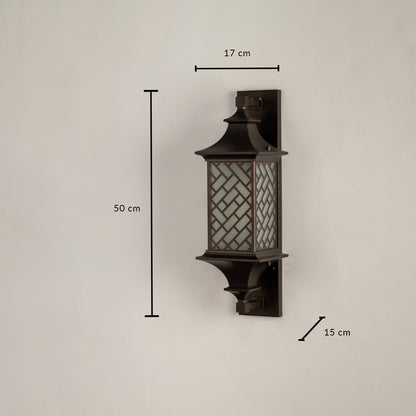 Modern bronze outdoor column wall light dimension image with 50 cm height and basketweave lattice shade for entry decor.