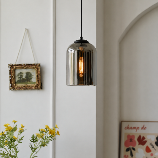 Lifestyle image of radiance dome shape glass shade hanging light for elegant dining room decor styling and modern home lighting design.