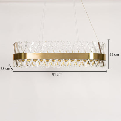Gold metal chandelier shown with precise measurements including 81 cm width 35 cm depth and 22 cm height for accurate ceiling placement and installation.
