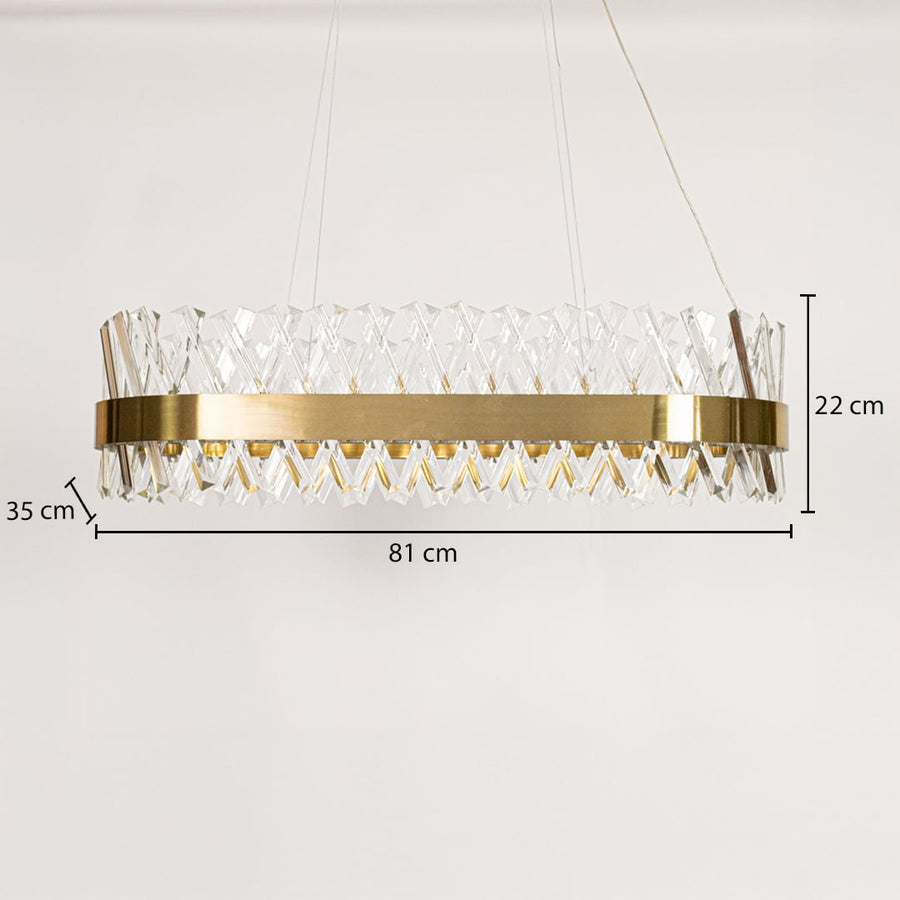 Gold metal chandelier shown with precise measurements including 81 cm width 35 cm depth and 22 cm height for accurate ceiling placement and installation.