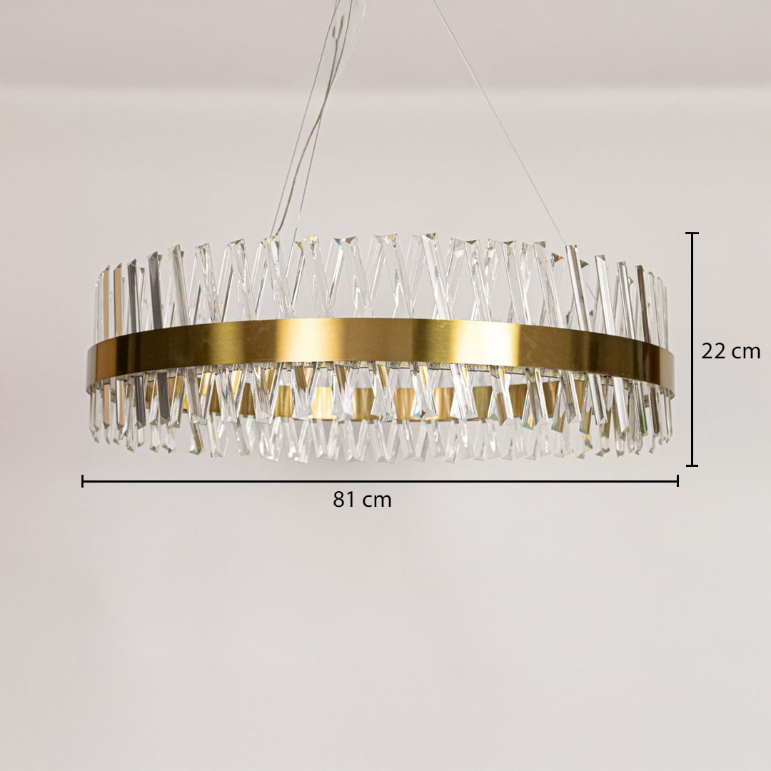 Gold metal chandelier shown with precise measurements including 81 cm width and 22 cm height for accurate ceiling placement and installation planning.