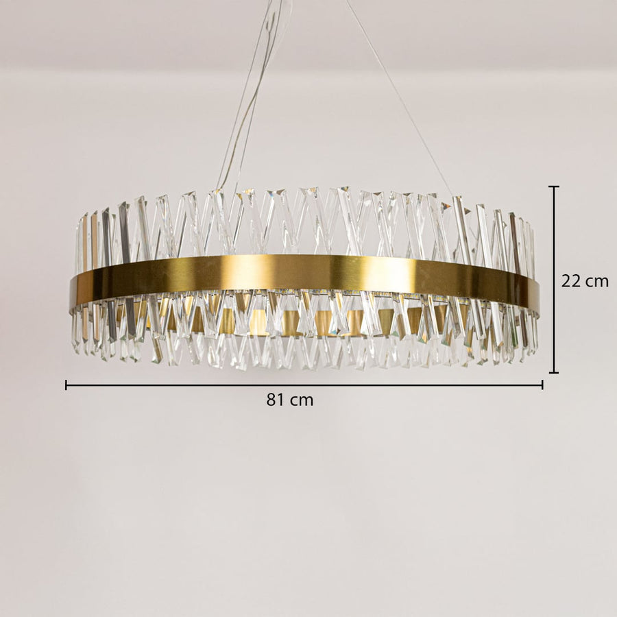 Gold metal chandelier shown with precise measurements including 81 cm width and 22 cm height for accurate ceiling placement and installation planning.