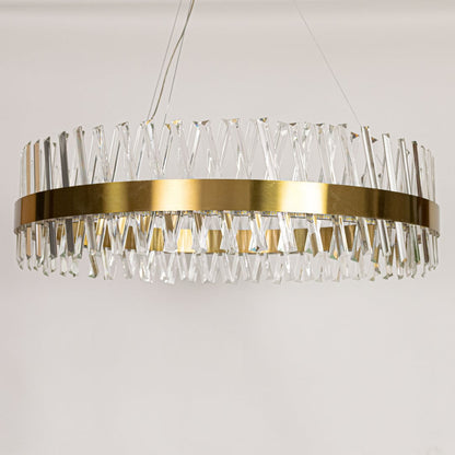 Gold metal chandelier with layered crystal rods displayed with lights off on a clean white background showcasing its modern circular frame.