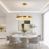 Modern gold metal LED ceiling light for dining room living room and elegant home interiors with warm ambient lighting.
