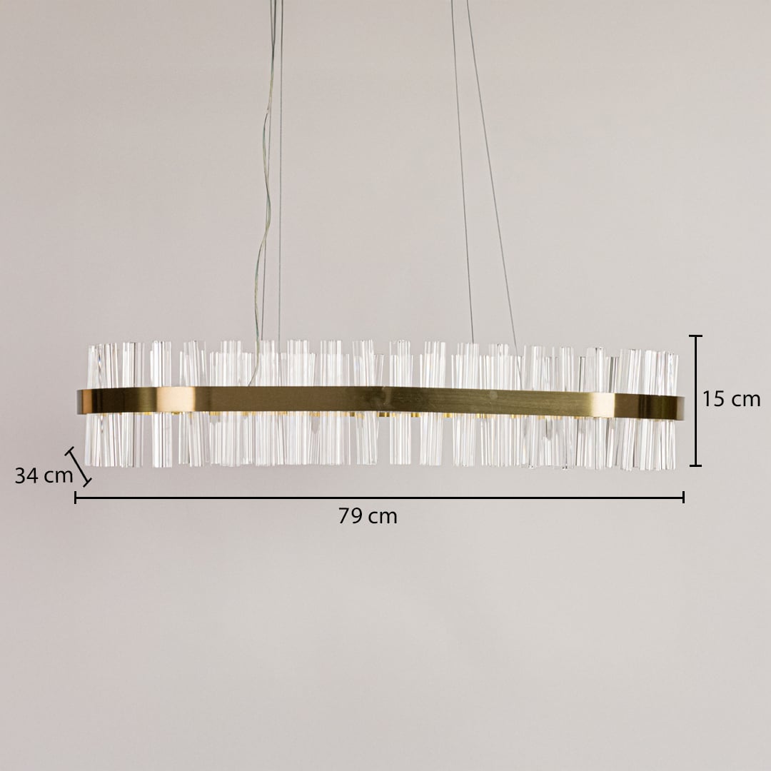 Gold metal chandelier shown with detailed measurements including 79 cm width 34 cm depth and 15 cm height for accurate installation and room planning.