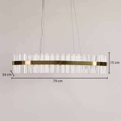 Gold metal chandelier shown with detailed measurements including 79 cm width 34 cm depth and 15 cm height for accurate installation and room planning.