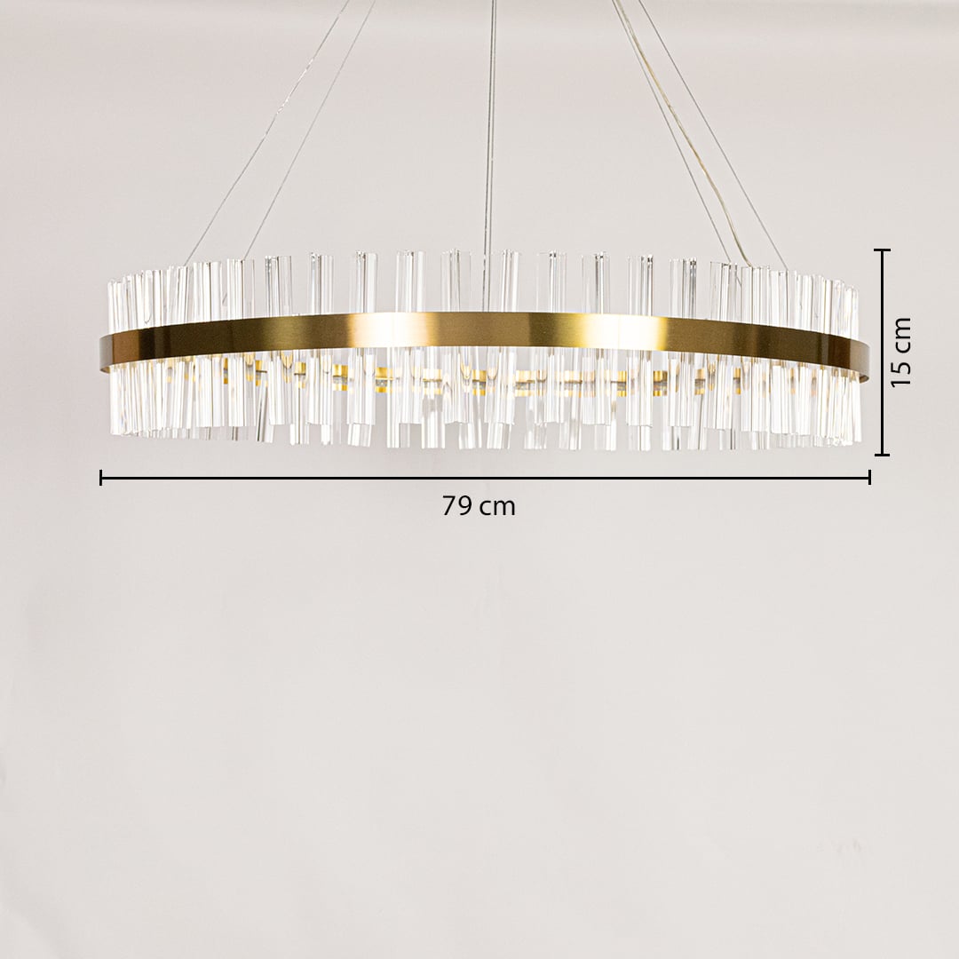 Gold metal chandelier shown with precise measurements including 79 cm width and 15 cm height for accurate hanging and interior planning.