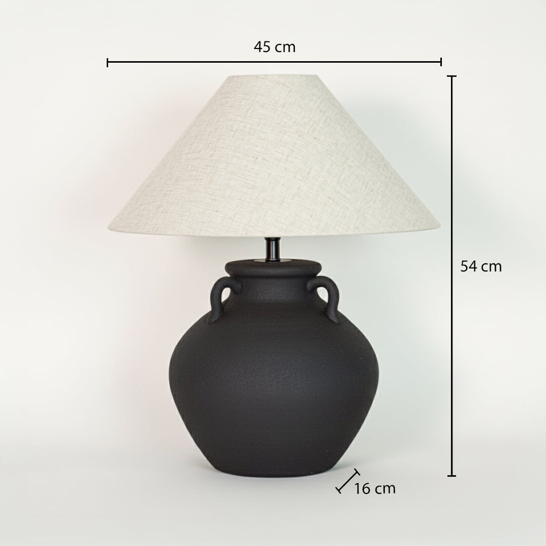 Black ceramic table lamp showing 54 cm height 45 cm shade width and 16 cm base size ideal for side table use.