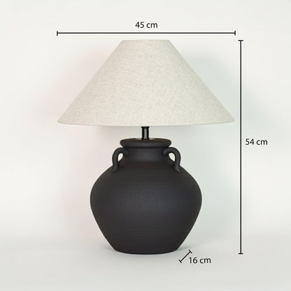 Black ceramic table lamp showing 54 cm height 45 cm shade width and 16 cm base size ideal for side table use.
