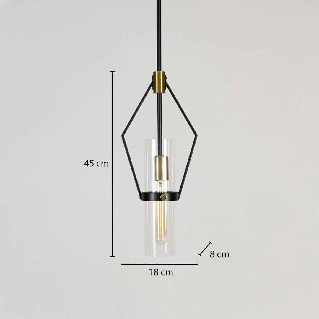 Black and gold geometric pendant light shown with 18 cm width and 45 cm height for clear size reference.