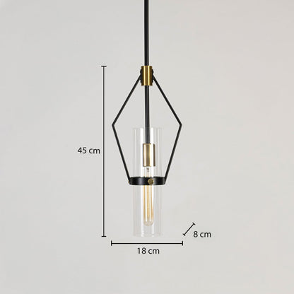 Black and gold geometric pendant light shown with 18 cm width and 45 cm height for clear size reference.