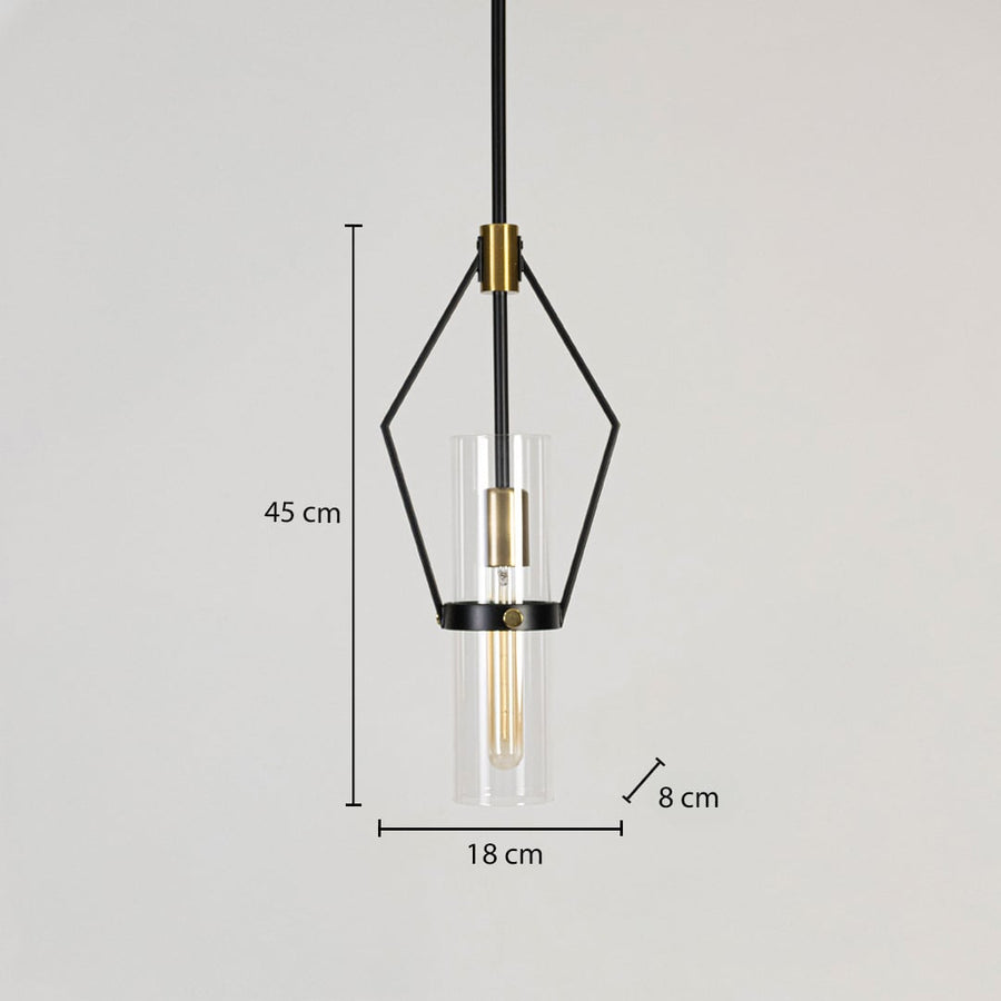 Black and gold geometric pendant light shown with 18 cm width and 45 cm height for clear size reference.