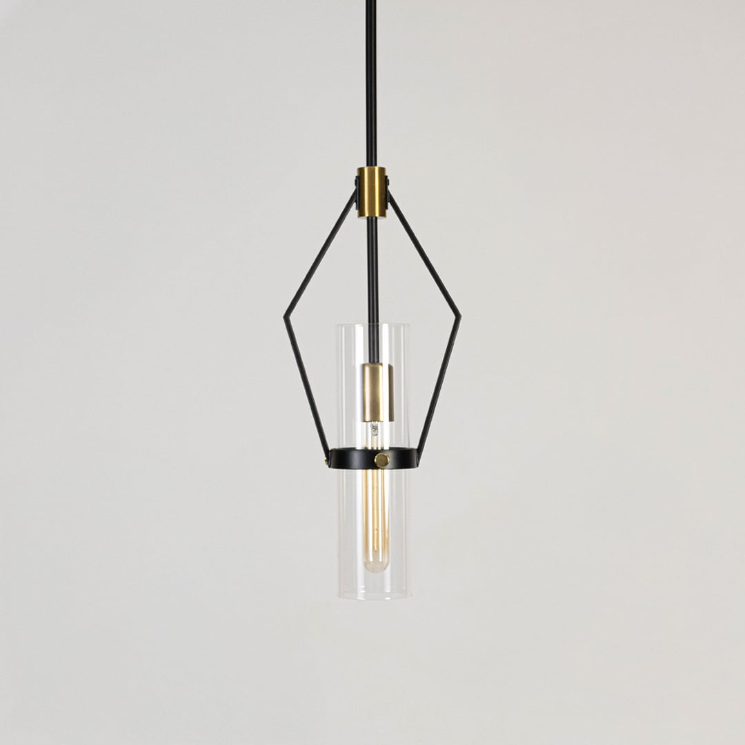 Black and gold pendant light displayed on a white background with lights off showing clean geometric design.