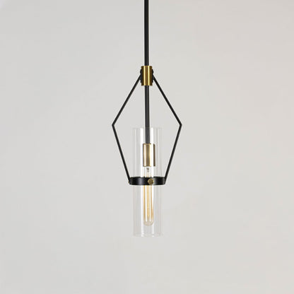 Black and gold pendant light displayed on a white background with lights off showing clean geometric design.