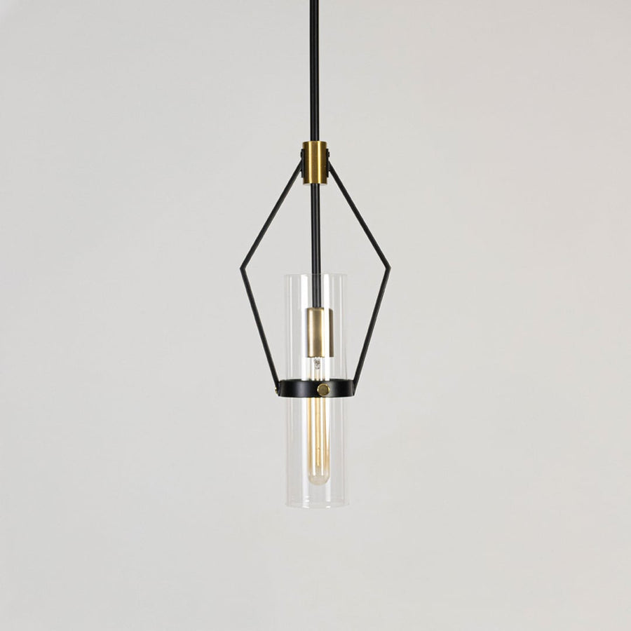 Black and gold pendant light displayed on a white background with lights off showing clean geometric design.